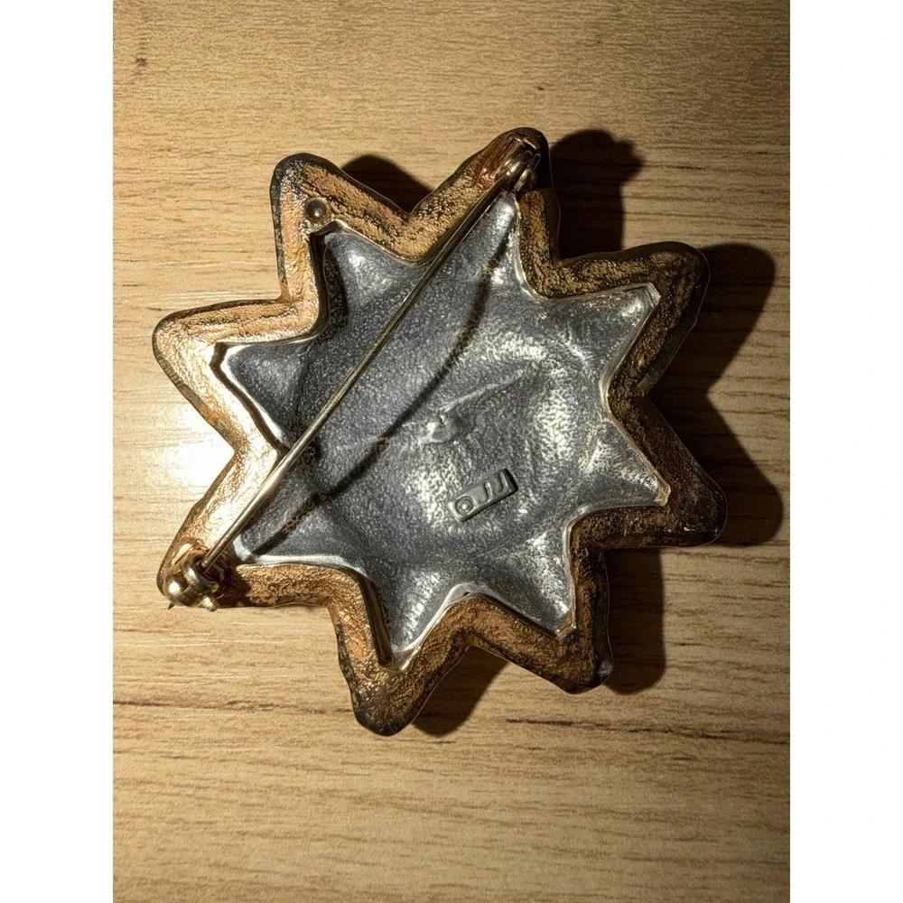 Vintage JJ Jonette Pewter Smiling Sunshine Man with Gold Tone Crimped Border Pin